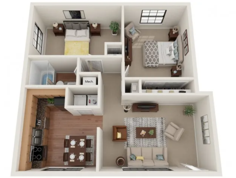 Floor plan for 2 beds, 1 bath, 820 sqft